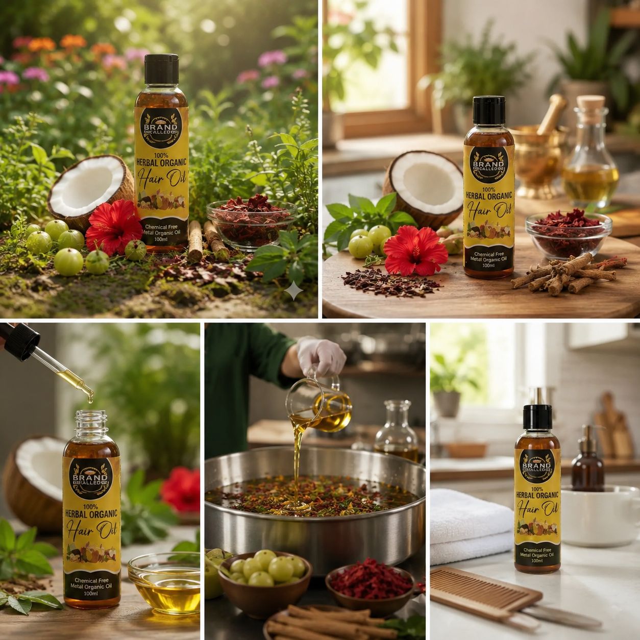 A bottle of organic hair oil in various styled settings. The bottles are labeled 'Briarwood Natural Hair Oil' and are shown with ingredients like coconuts, red flowers, cinnamon, and a metal pot of oil in a kitchen and outdoor garden environment.