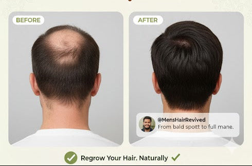 Advertisement for hair regrowth product showing before and after results, with a person with long hair and a comparison of hair density.

