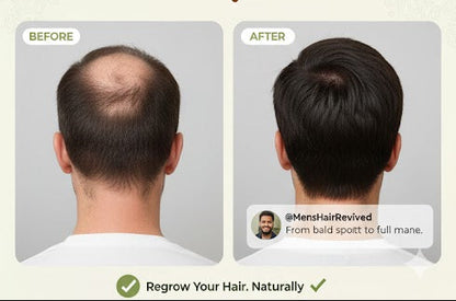 Advertisement for hair regrowth product showing before and after results, with a person with long hair and a comparison of hair density.

