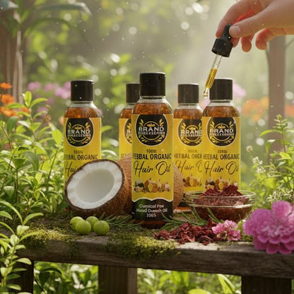 Bottle of herbal oil with a dropper being held over a garden setting

