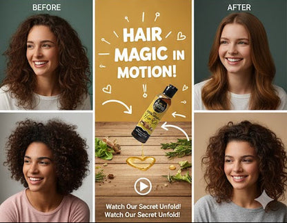 Collage of images featuring a hair care product with before and after results, and lifestyle scenes.

