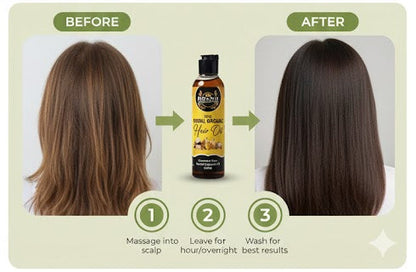 Hair care product with dropper and before/after hair comparison on a wooden surface.

