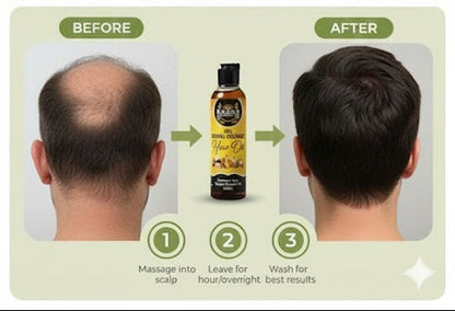 Hair care product with ingredients and before/after results on a wooden surface.


