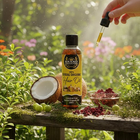Hand pouring oil from a dropper bottle onto a coconut on a wooden table in a garden setting.


