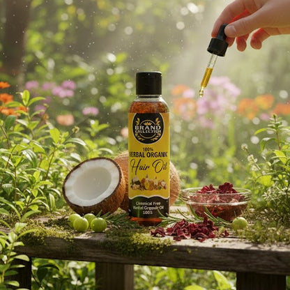 Hand pouring oil from a dropper bottle onto a coconut on a wooden table in a garden setting.


