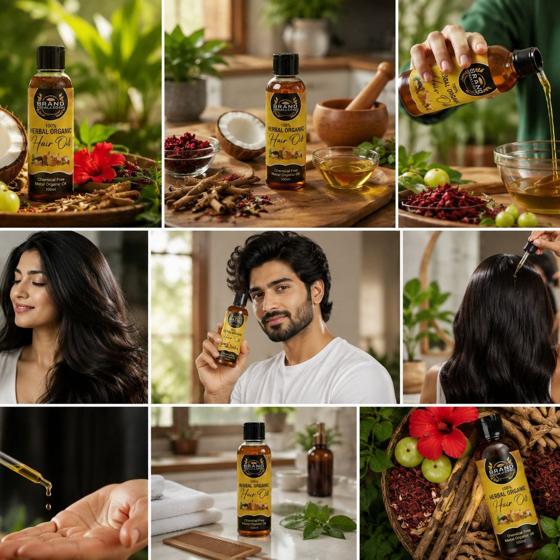 Multiple scenes featuring a hair oil bottle and dropper from the brand Aaroon's. The scenes include the product on its own with ingredients like coconut, ginger, and herbs, a woman applying the oil to her hair, and the oil being poured into a bowl.

