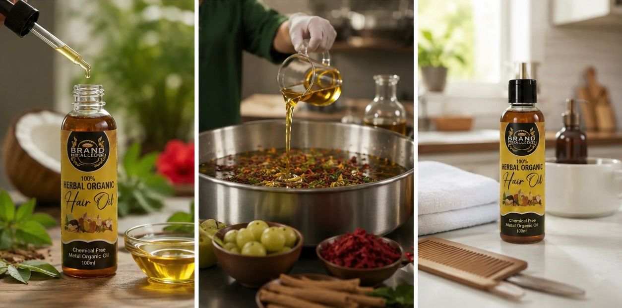 Three-panel collage showing a bottle of Brand of Love Herbal Organic Hair Oil in different use cases: being poured from a dropper, mixed into a pot of ingredients, and standing on a countertop next to a comb.

