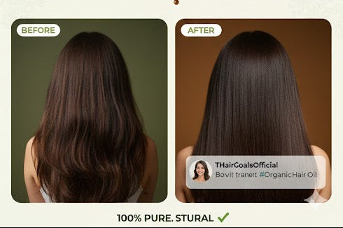 Woman with long hair in a kitchen setting, showcasing hair care products and before-and-after images.

