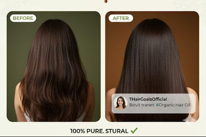 Woman with long hair in a kitchen setting, showcasing hair care products and before-and-after images.

