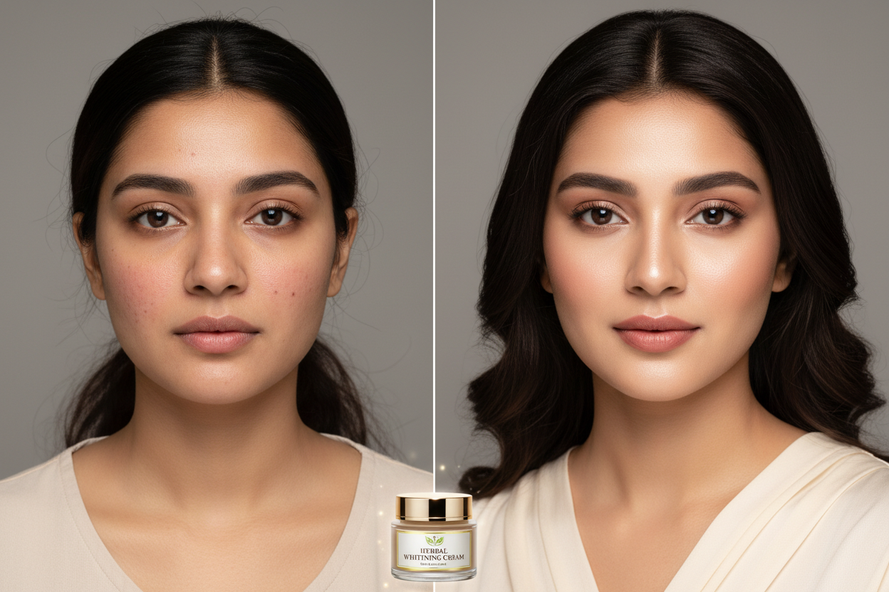 Skin transformation before and after using Brand Collection Herbal Whitening Cream