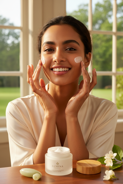 Happy woman with glowing radiant skin using Brand Collection Herbal Whitening Cream